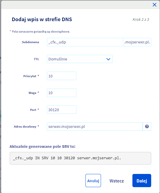 Konfiguracja rekordu SRV