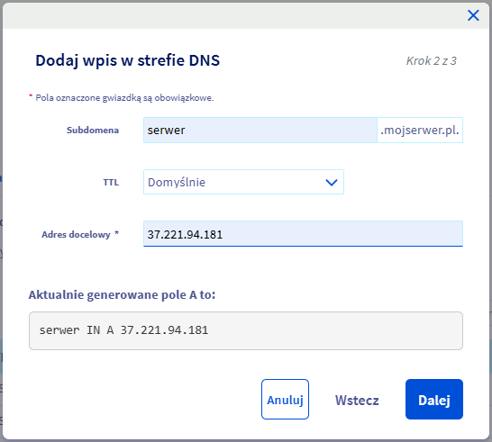 Konfiguracja rekordu A