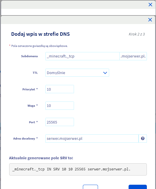 Konfiguracja rekordu SRV